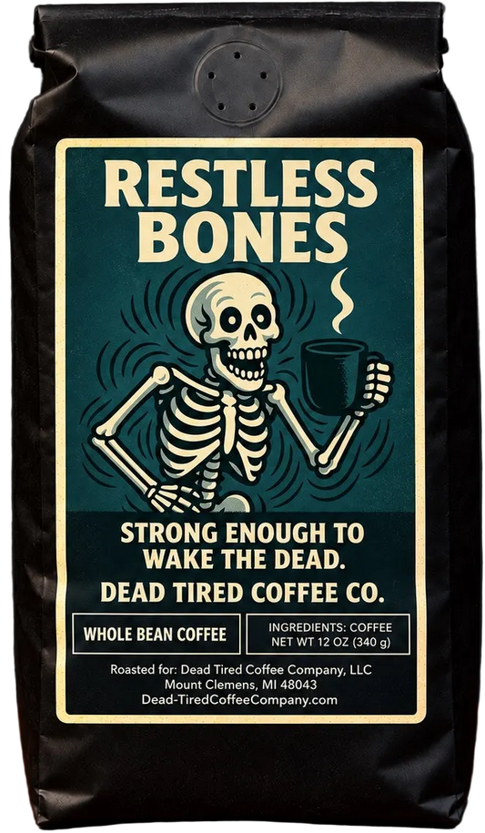Restless Bones max caffeine coffee bag with teal restless skeleton illustration