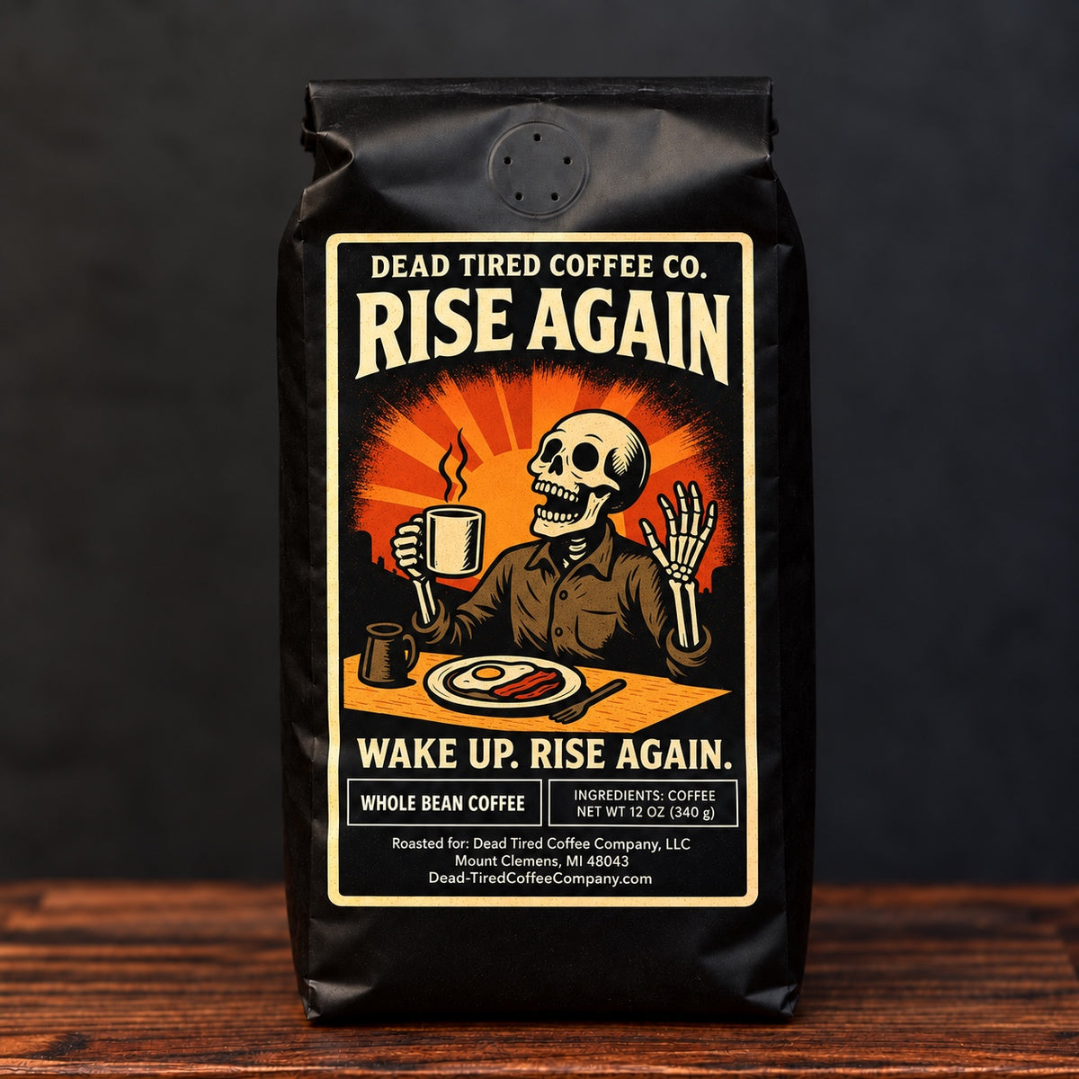 Rise Again high-caffeine breakfast blend coffee bag from Dead Tired Coffee Co.