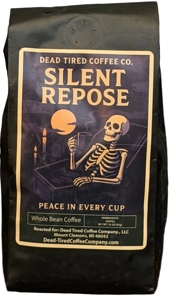 Silent Repose Peru decaf coffee bag with purple coffin and skeleton artwork