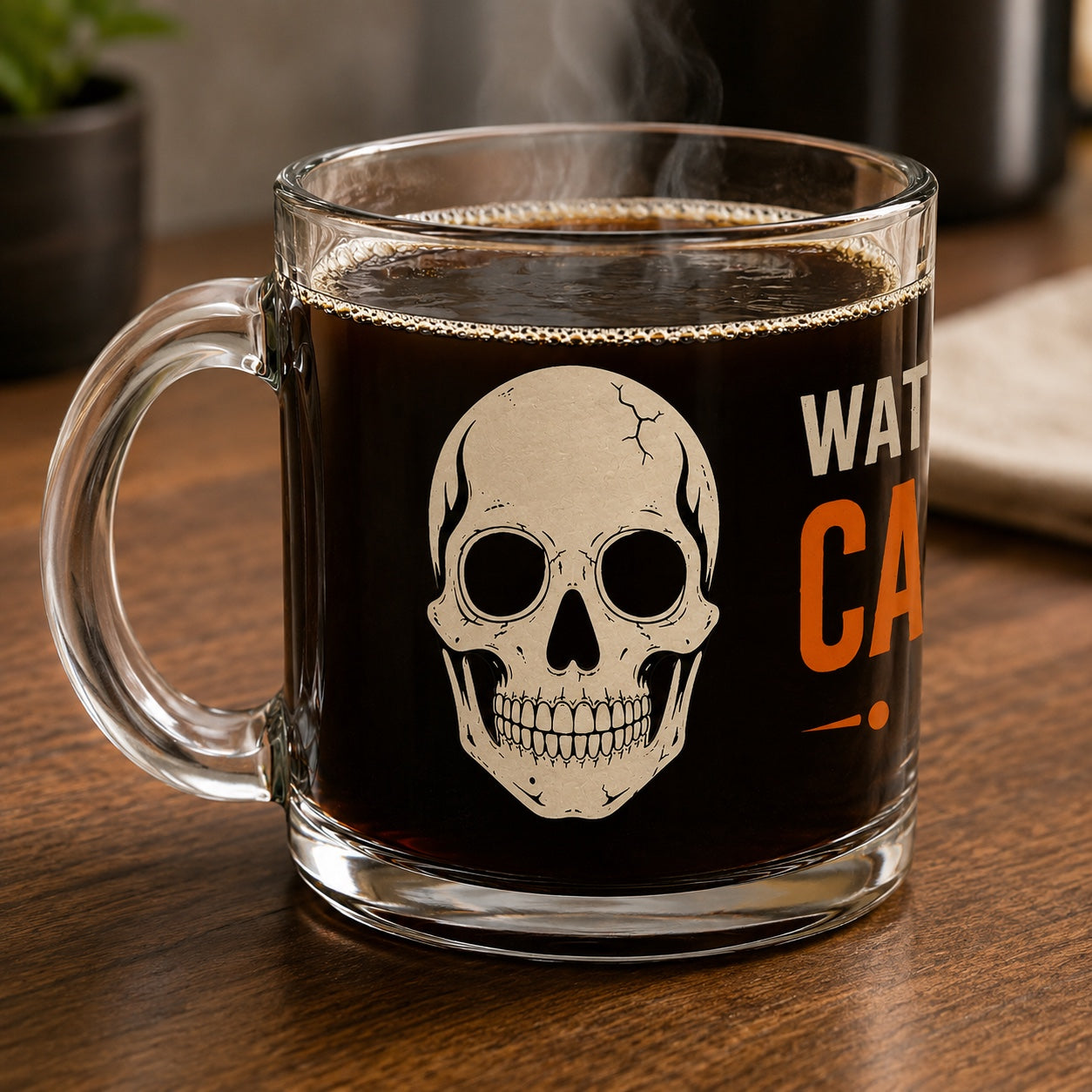 Skull side of Watching My Caffeine Intake clear glass coffee mug with handle on left