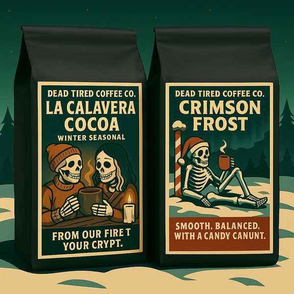Winter Spirits coffee gift set with Crimson Frost, La Calavera Cocoa, and Dead Tired Coffee Co. mug