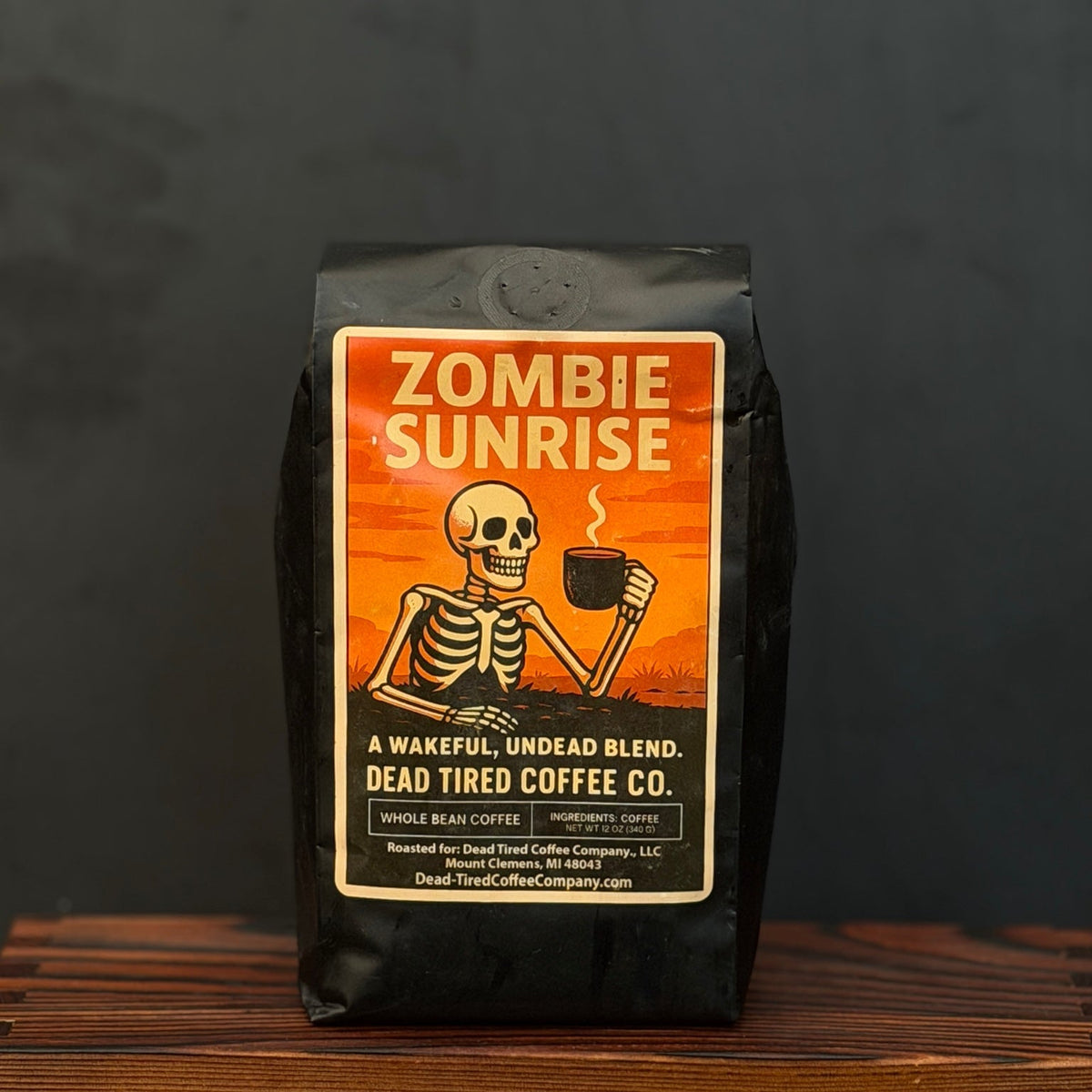 Zombie Sunrise medium roast breakfast blend coffee bag from Dead Tired Coffee Co.